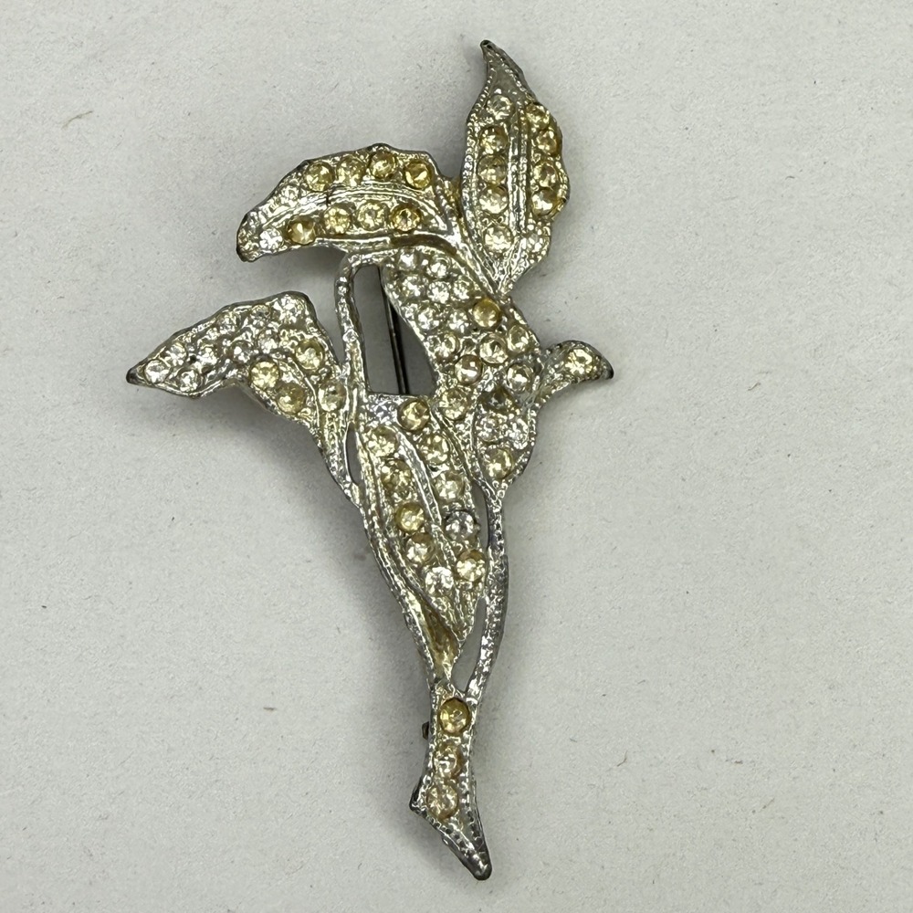 Vintage Pot Metal Rhinestone Floral Spray‎ 3" Brooch Pin Mid-Century C-Clasp